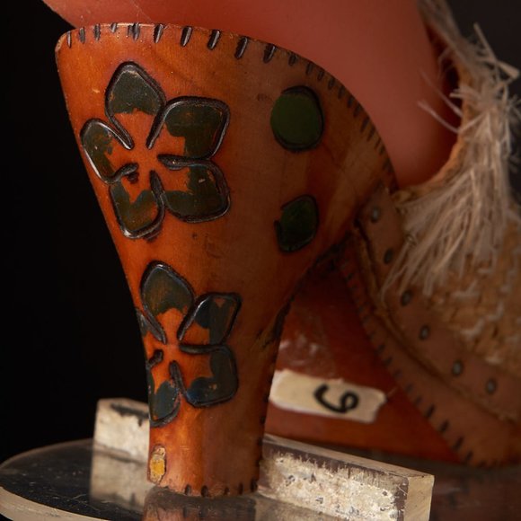 1950s Hand Painted Wood Heel Straw Shoes
